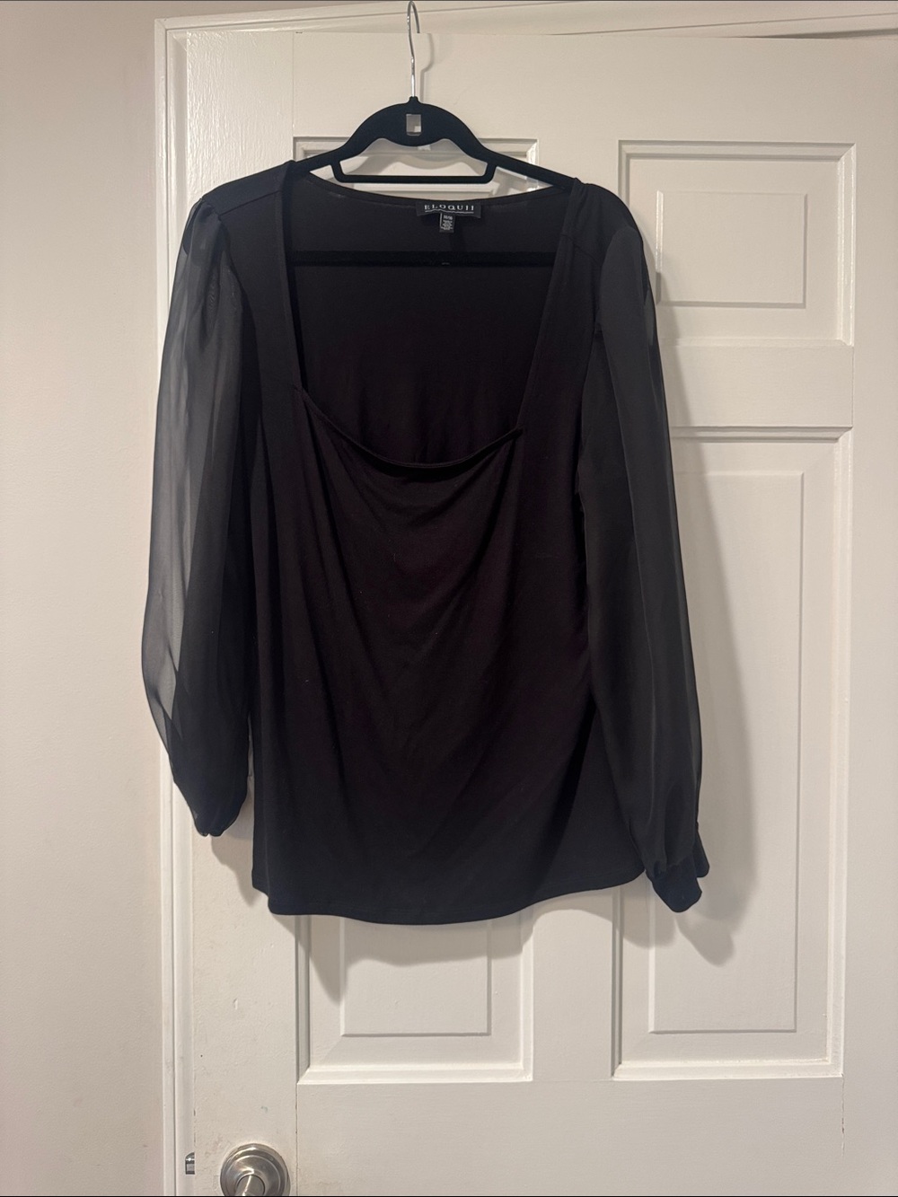 Eloquii Black Square Neck Blouse with Sheer Sleeves
